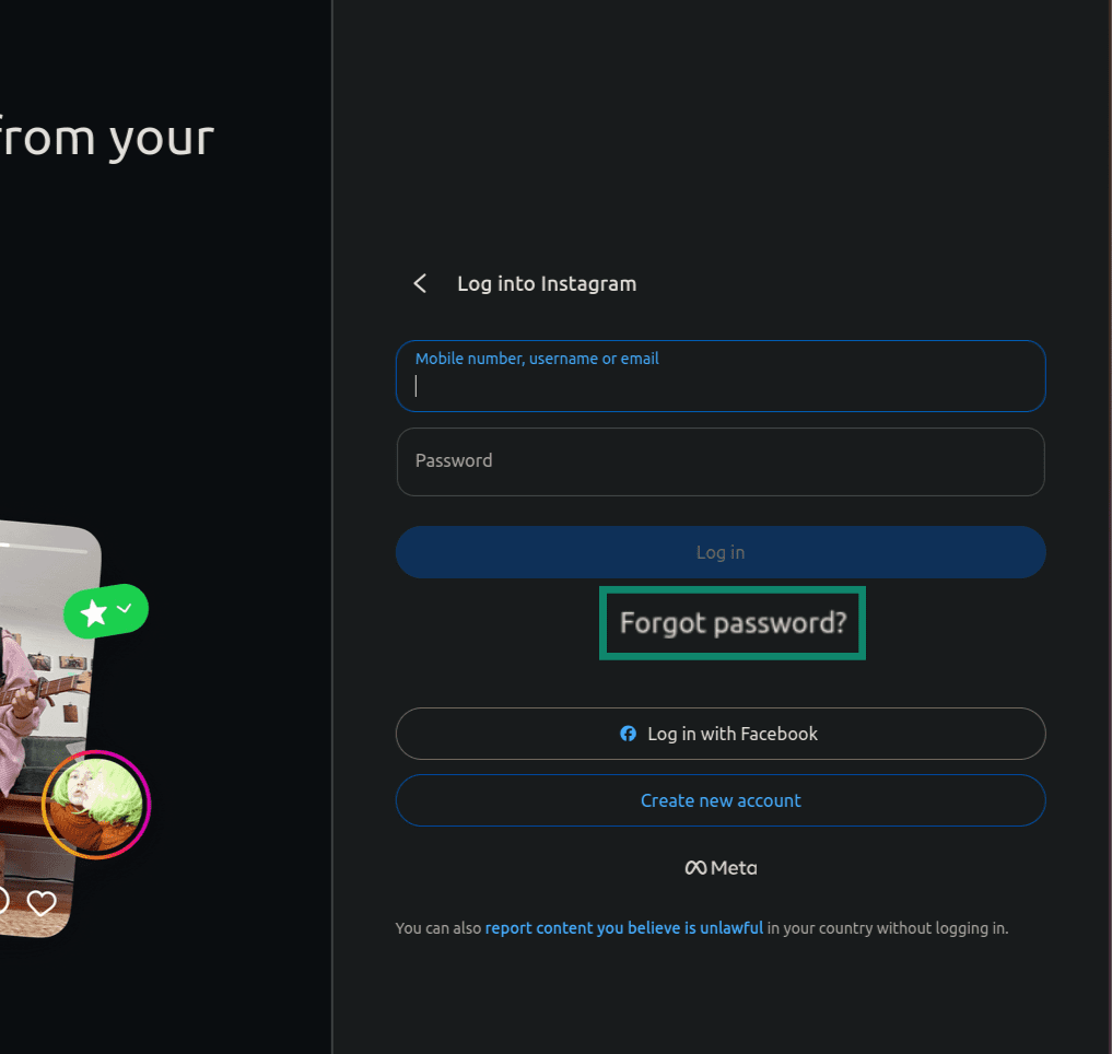 "Forgot password" button highlighted on the Instagram login page.