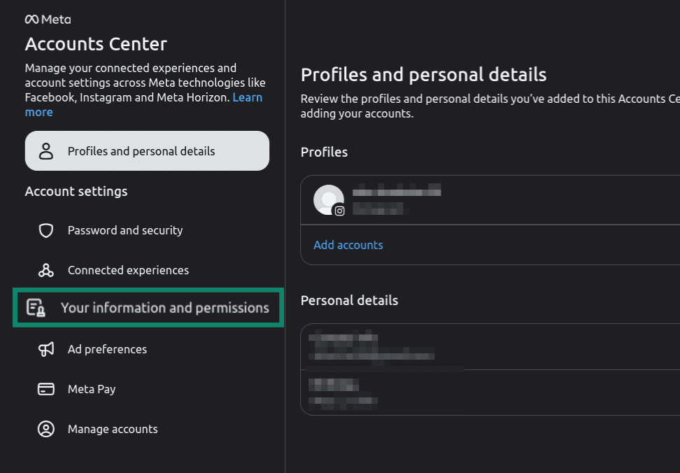 "Your information and permissions" option highlighted in the Meta Accounts Center.