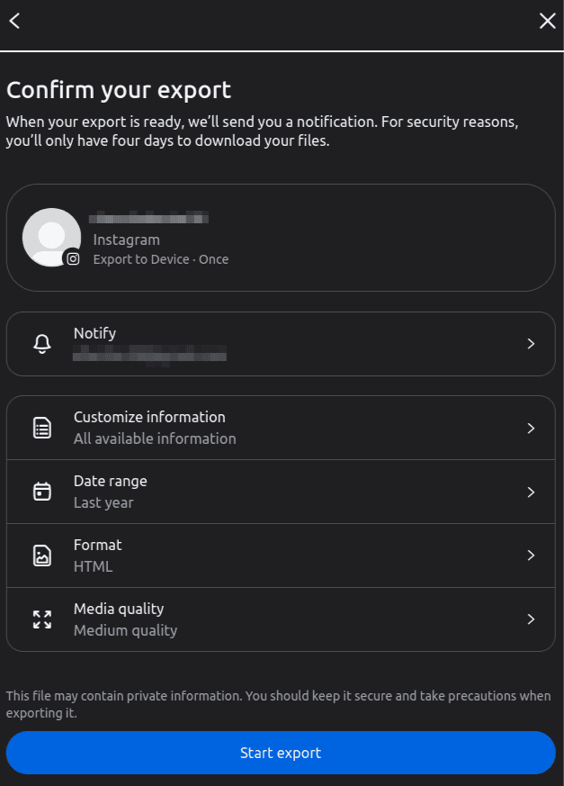 Instagram export screen showing customization options, and the "Start export" option highlighted at the bottom.