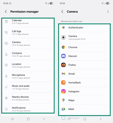 Two Android screenshots side by side showing the "Permission manager" and "Camera" pages.