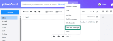 The menu window for the Yahoo email is open and View raw message is highlighted.