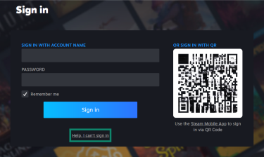 Steam login page on a browser. The "Help, I can't sign in" option is highlighted.