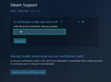 A Steam Support page. The field for entering an account verification code and the "Continue" button are highlighted.