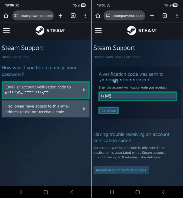 Two Android screenshots side by side. The first image shows a Steam Support page, and the account verification code option is highlighted. The second screenshot shows a Steam Support page for entering a verification code, and the code field and "Continue" button are highlighted.