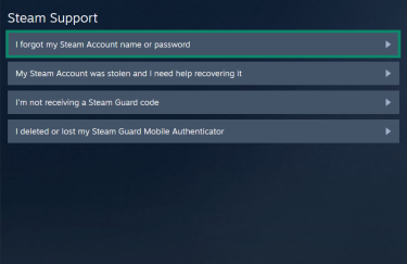Steam support page for account recovery. Th "I forgot my Steam Account name or password" option is highlighted.