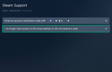 Steam support page for account recovery. The "I no longer have access to this email address or did not receive a code" option is highlighted.