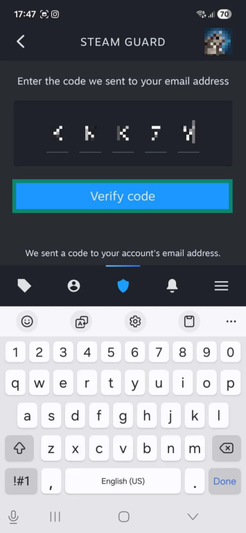 A Steam Guard verification tab on the Steam Mobile Android app. The "Verify code" button is highlighted.