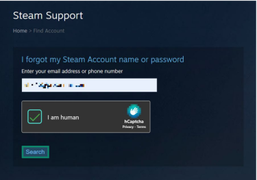 The "I forgot my Steam Account name or password" window. An email address is typed in, the CAPTCHA is solved, and the "Search" button is highlighted.