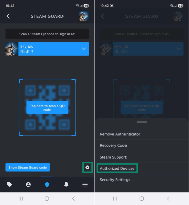 Two Android screenshots side by side showing the Steam Mobile app The first image shows the Steam Guard tab, and the gear icon is highlighted. The second image shows the Steam Guard settings menu, and the "Authorized Devices" option is highlighted.