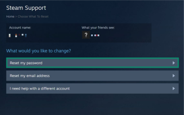 A Steam Support page. The "Reset my password" button is highlighted.