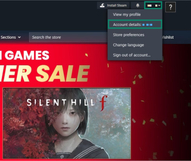 The Steam homepage. The profile dropdown menu and the "Account details" option are highlighted.