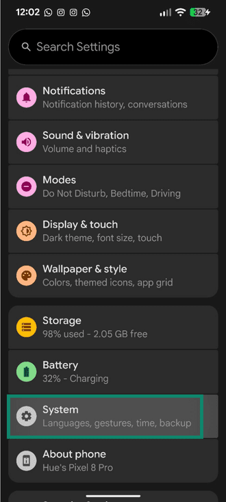 System option in the Android Settings app.
