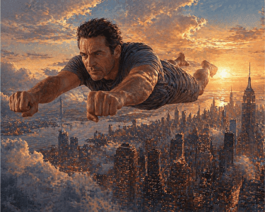 AI art using digital art style to create a man flying over the city.
