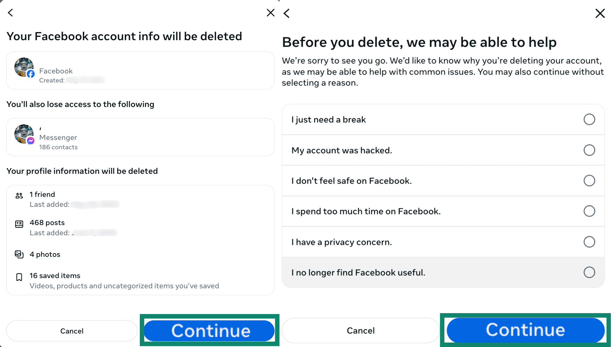 Fenêtre de confirmation lors de la suppression d’un compte Facebook et demande de Facebook concernant le motif de la suppression.