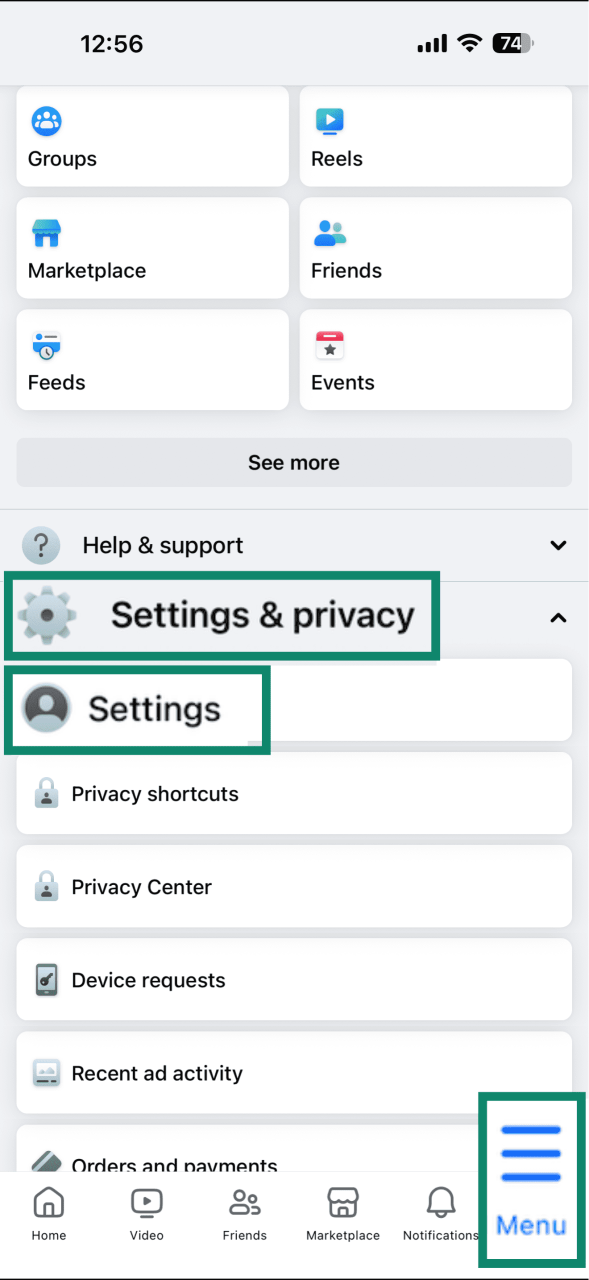 Le menu Paramètres de Facebook.