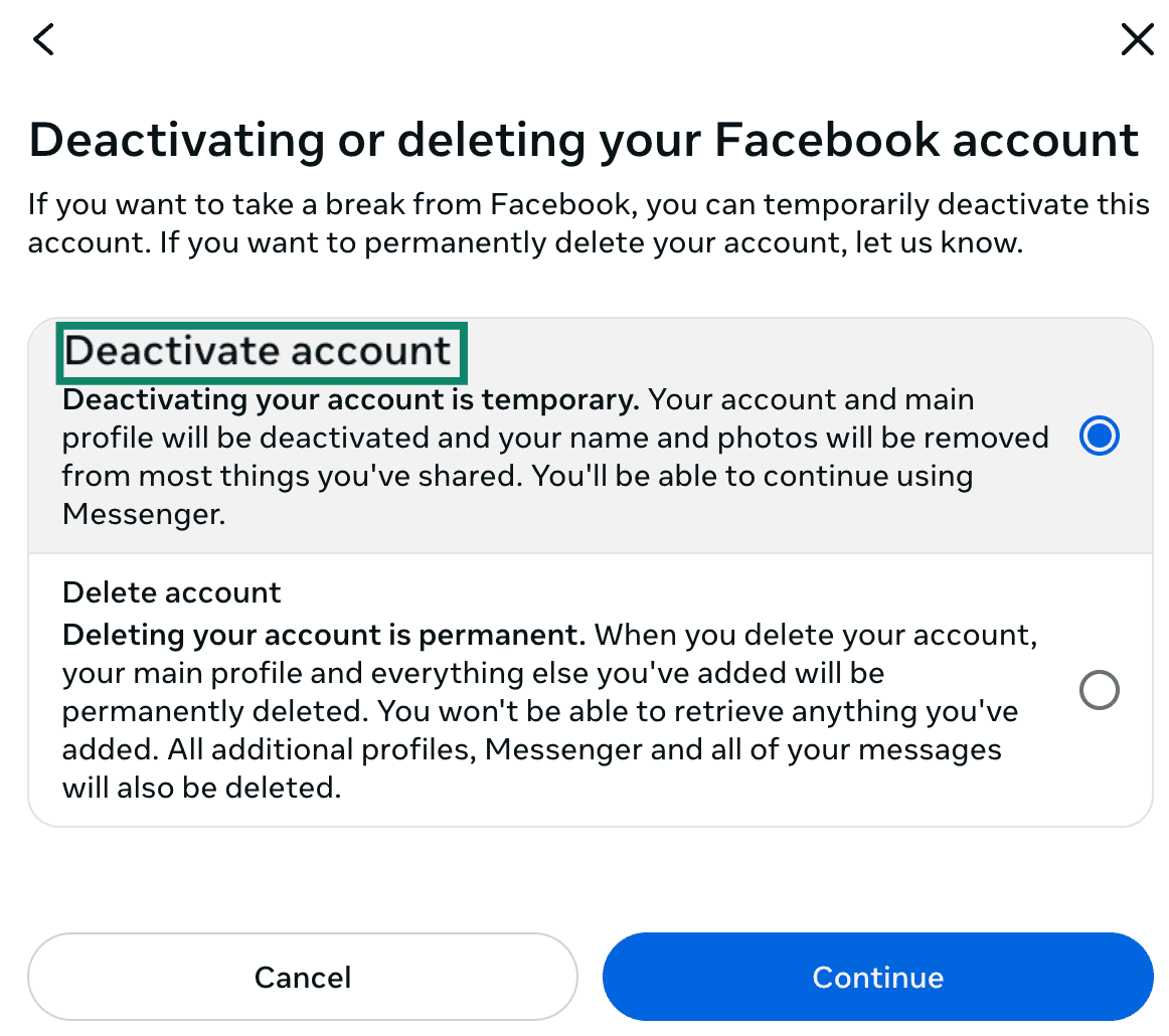 Option permettant de désactiver un compte Facebook.