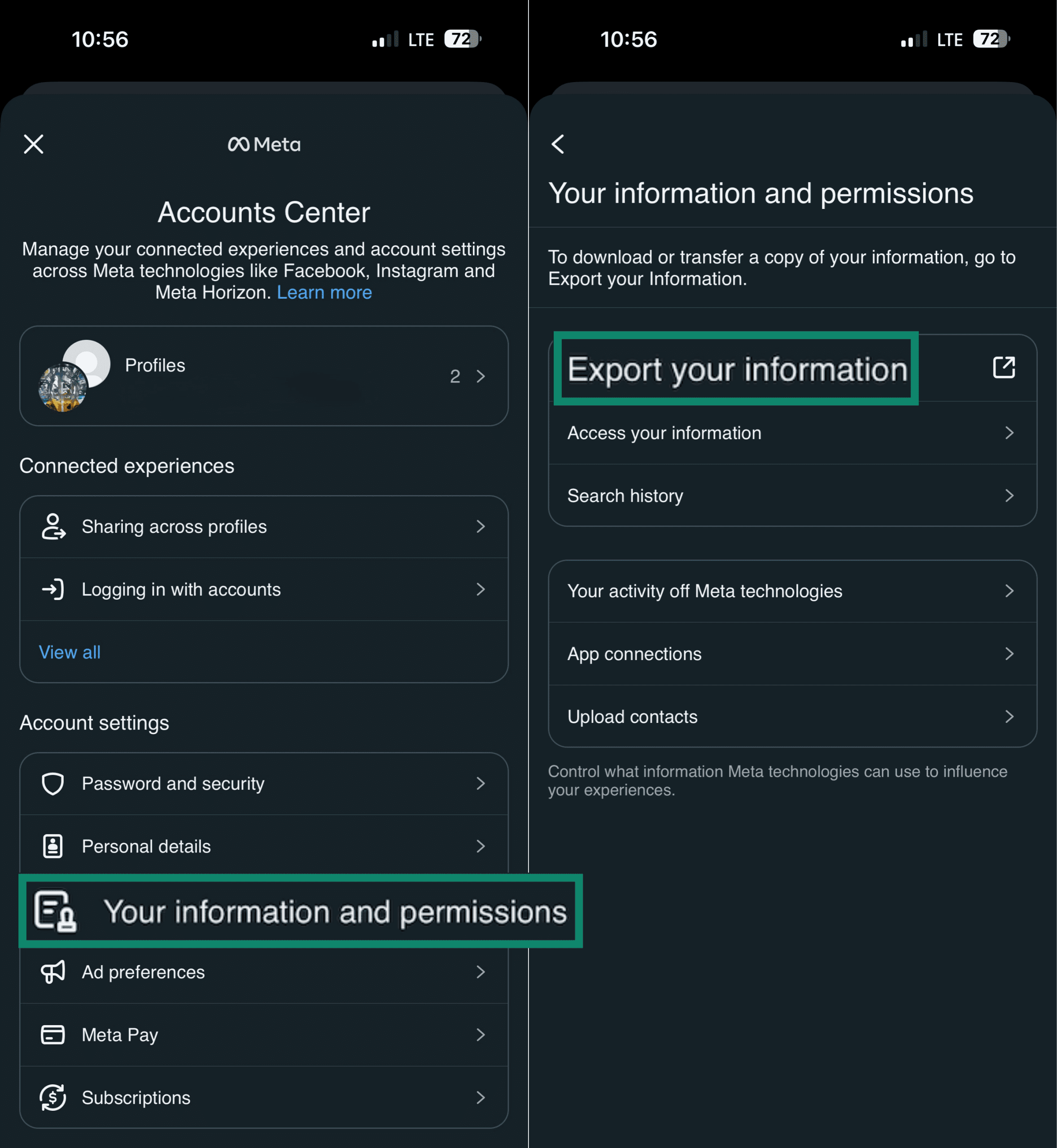 Outil d’exportation de vos informations dans les paramètres de Messenger.