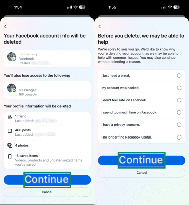 Confirmation prompt when deleting a Facebook account on mobile and Facebook asking a reason for deletion.
