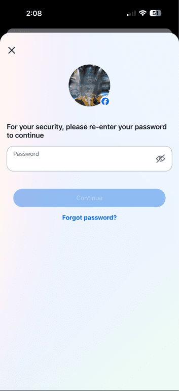 Facebook requiring entering account password before proceeding with account deletion.