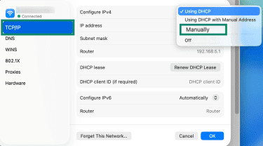 Setting network to manual IPv4 address configuration on macOS.
