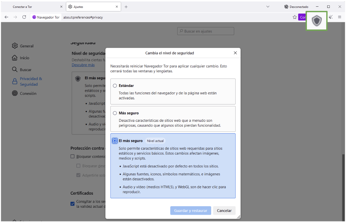 Ventana de configuración de Privacidad y seguridad del navegador Tor con el nivel de seguridad Más seguro resaltado.