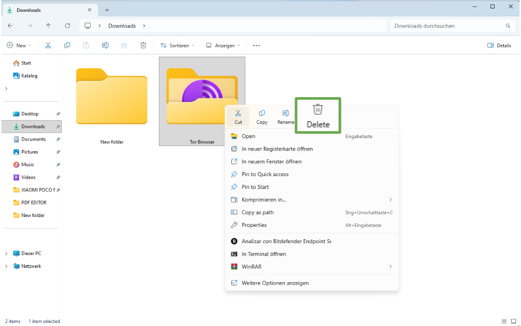 Windows 11 window showing all apps and folders in Desktop, with Tor browser folder and Delete option highlighted.
