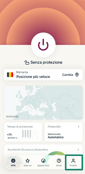 ExpressVPN home screen showing disconnected status and Profile tab.