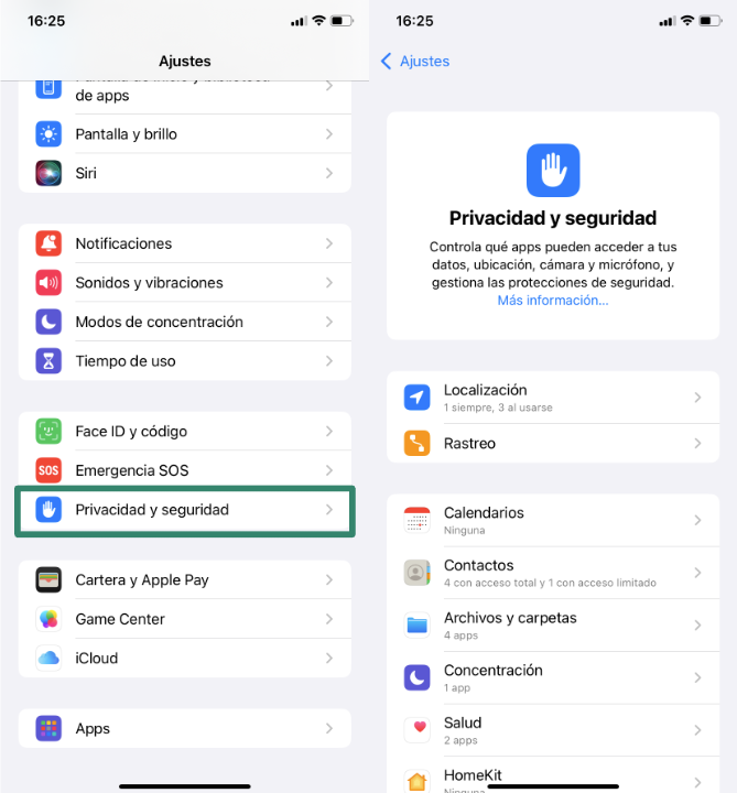 iPhone Settings showing Privacy & Security menu options.