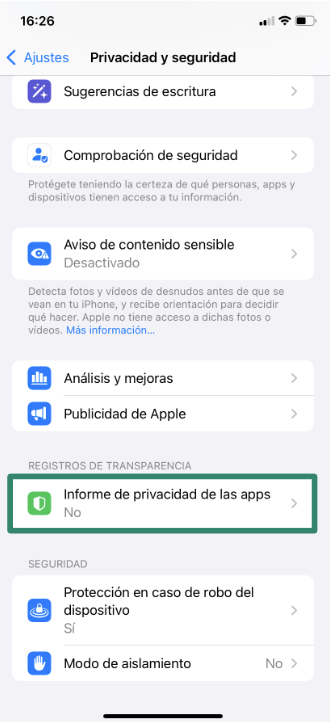 iPhone Privacy & Security settings showing App Privacy Report option.