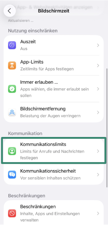 Communication Limits settings for child’s iPhone account.