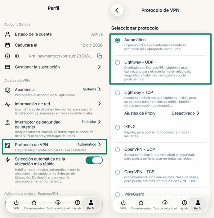On the left: ExpressVPN profile settings showing account status, VPN protocol, and account actions; on the right: VPN Protocol settings screen with Automatic selected and Lightway protocol options displayed.