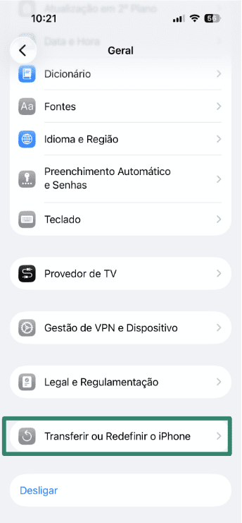 iPhone Settings for Transfer or Reset iPhone option.