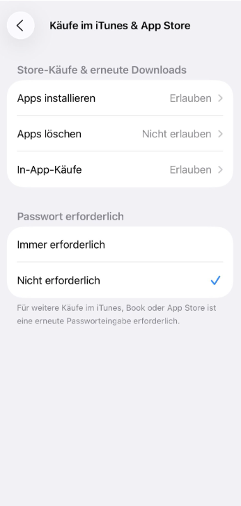 iTunes & App Store settings with app deletion disabled.
