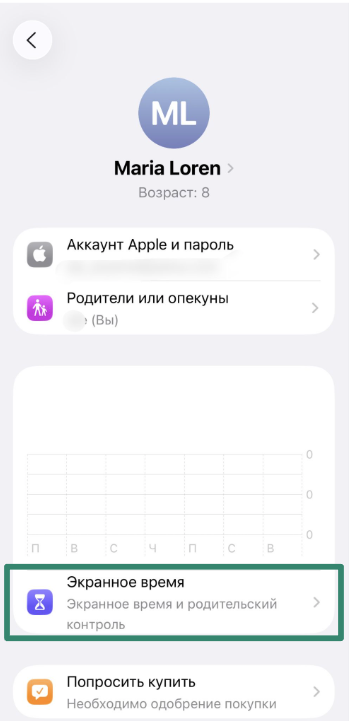 Screen Time menu opened under child’s account on iPhone.
