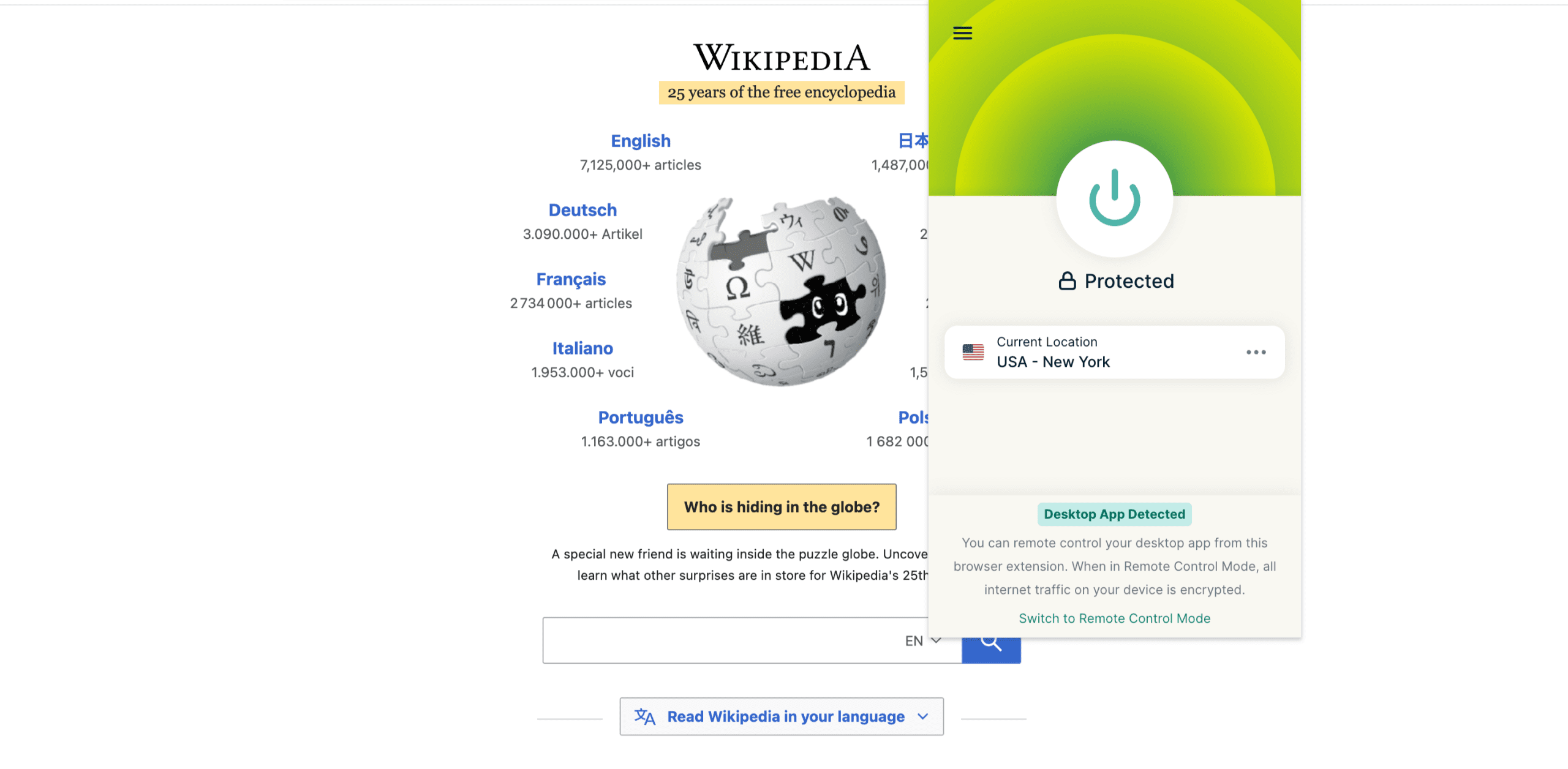ExpressVPN's Chrome extension over the Wikipedia homepage.