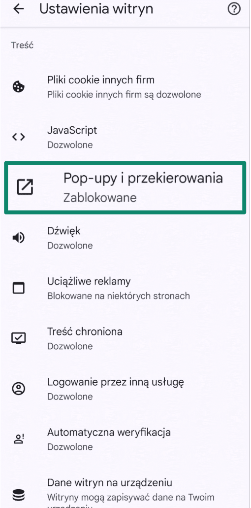 Chrome settings showing Pop-ups and redirects option.