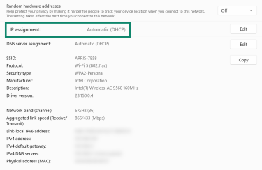 Close-up of Windows's network connection properties page with IP Assignment settings highlighted.