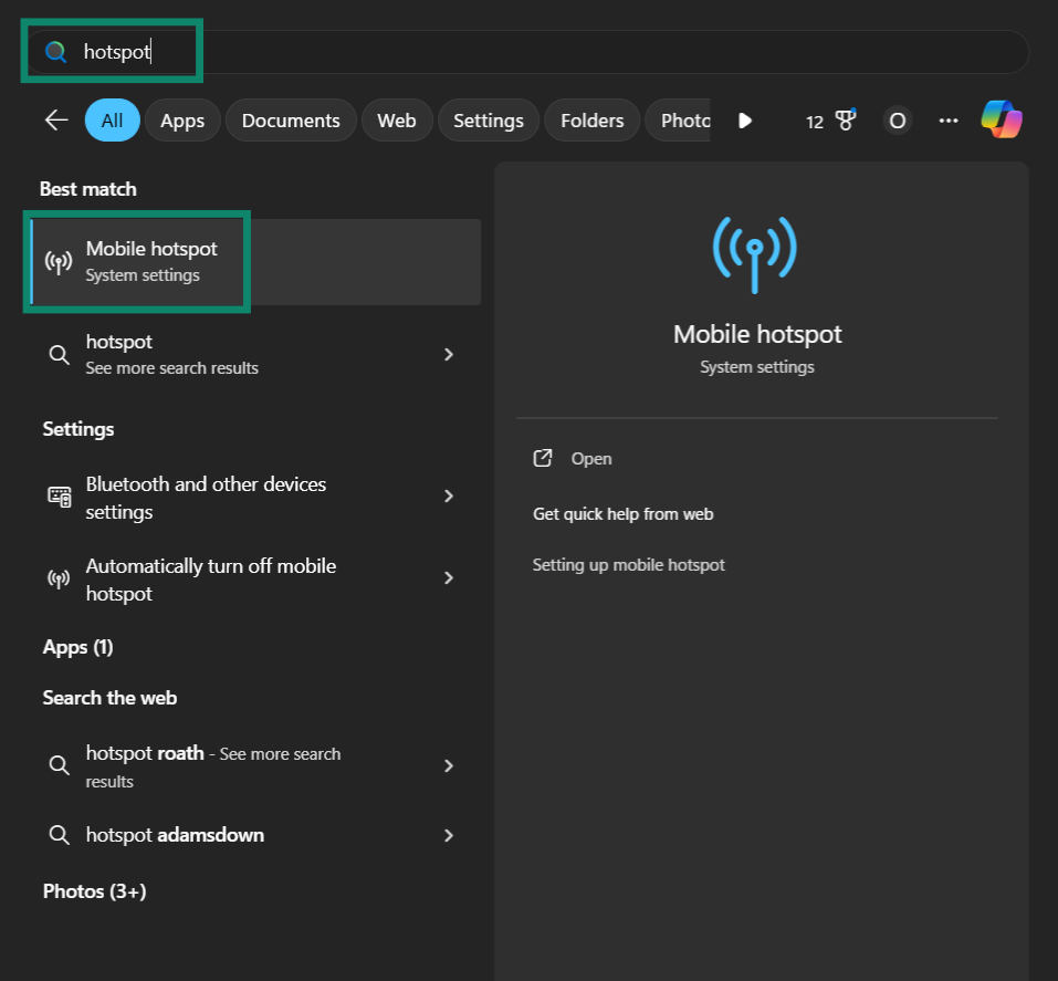 Accessing the Mobile hotspot menu on Windows.