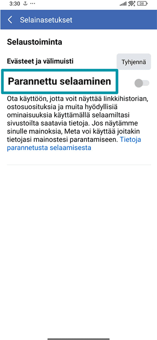 Facebook mobile app Browser settings with the Enhanced browsing toggle highlighted.