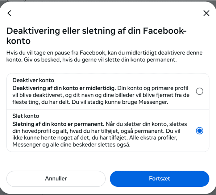 Deactivating or deleting your Facebook account selection screen.