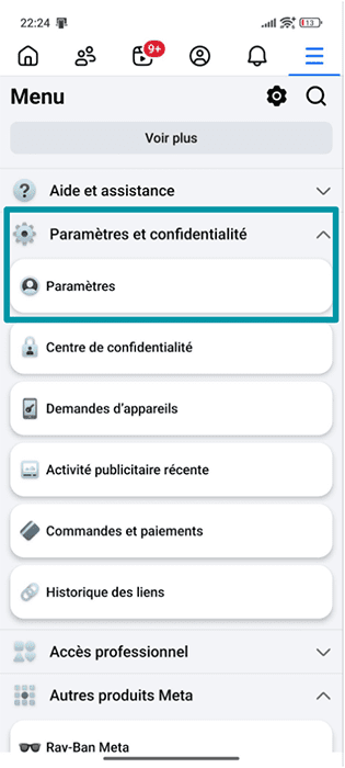 Facebook Android app Menu with Settings & privacy and Settings highlighted.