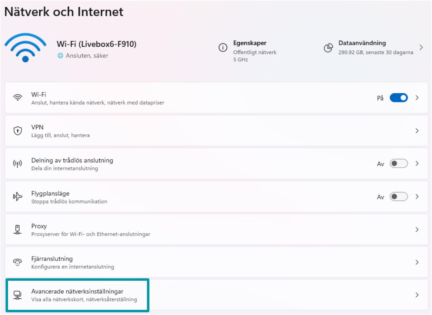Accessing Advanced network settings on Windows.
