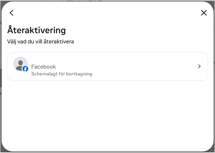 Facebook screen for selecting an additional profile to reactivate.
