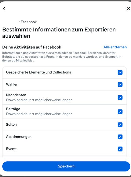 Facebook choosing what activity information to export.