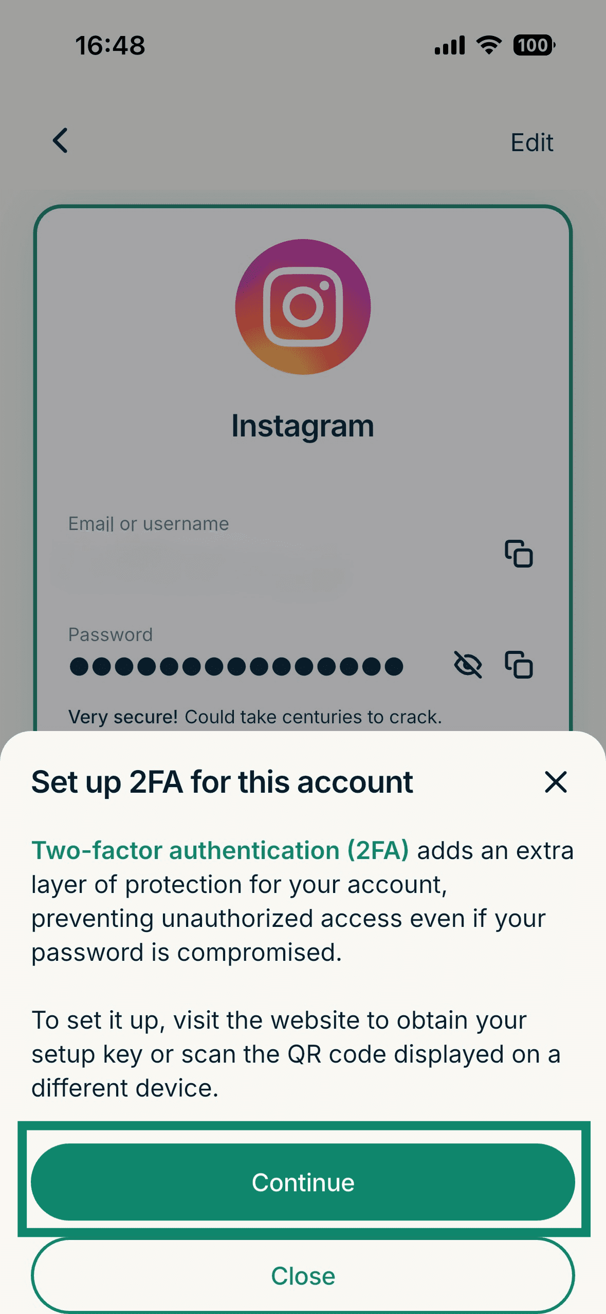 The "Set up 2 FA for this account" pop-up in the ExpressKey's app for iOS