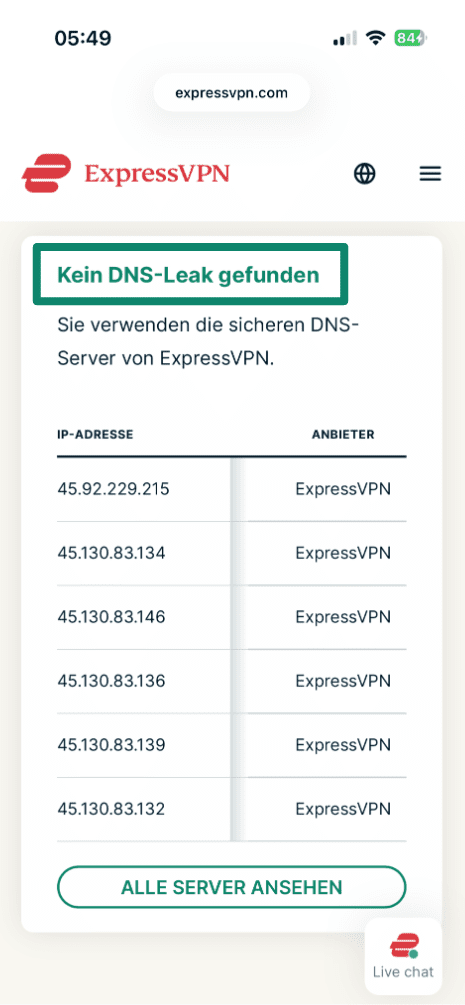A passing ExpressVPN DNS leak test.