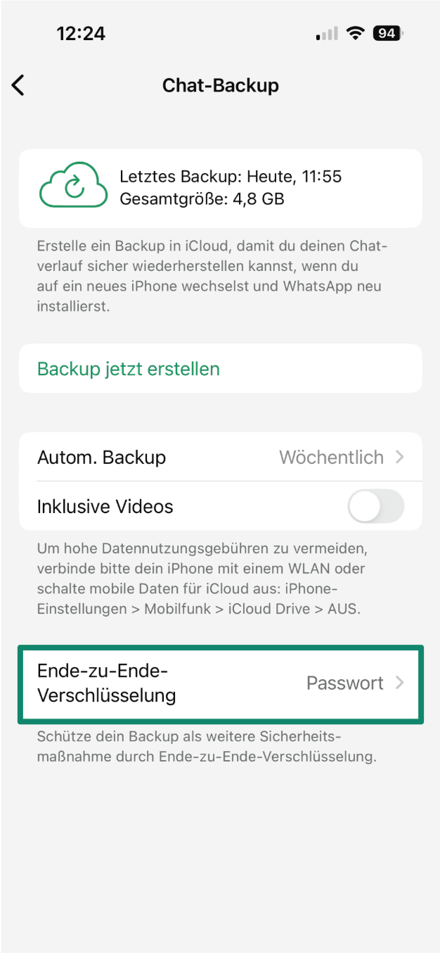 iPhone Chat backup screen showing incomplete iCloud backup and End-to-end encrypted backup option turned on