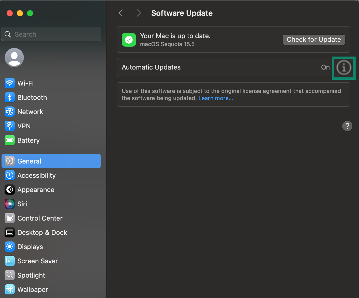 Mac Software Update settings with the information button next to Automatic Updates highlighted.