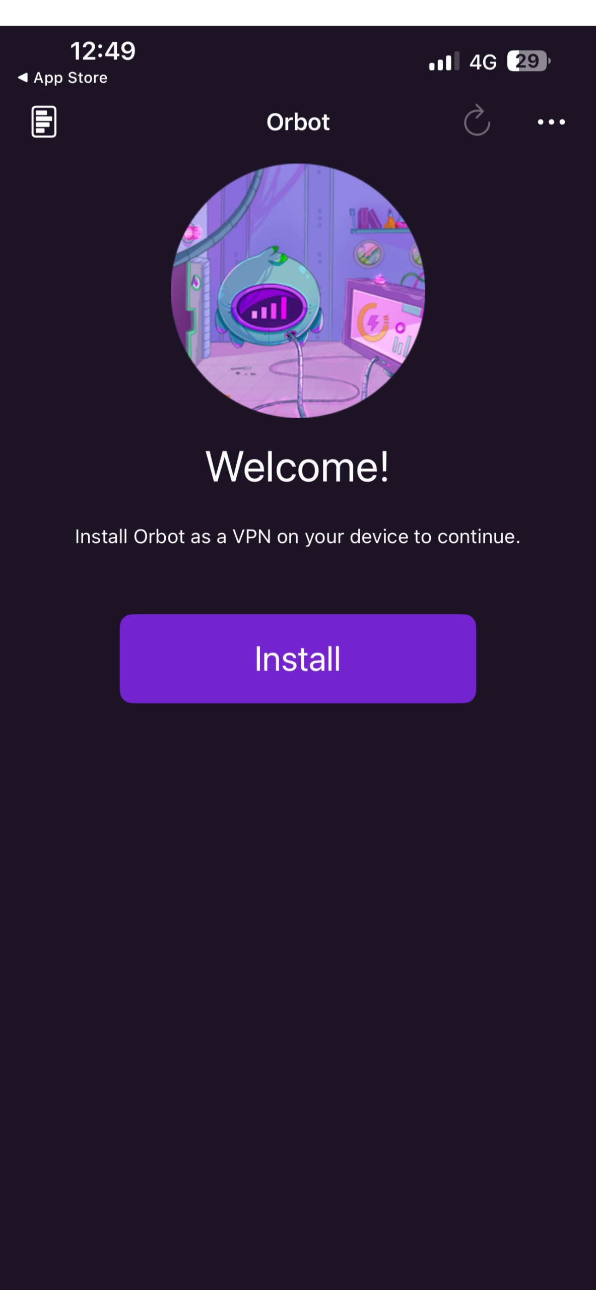 The Onion Browser app with the Install button highlighted.
