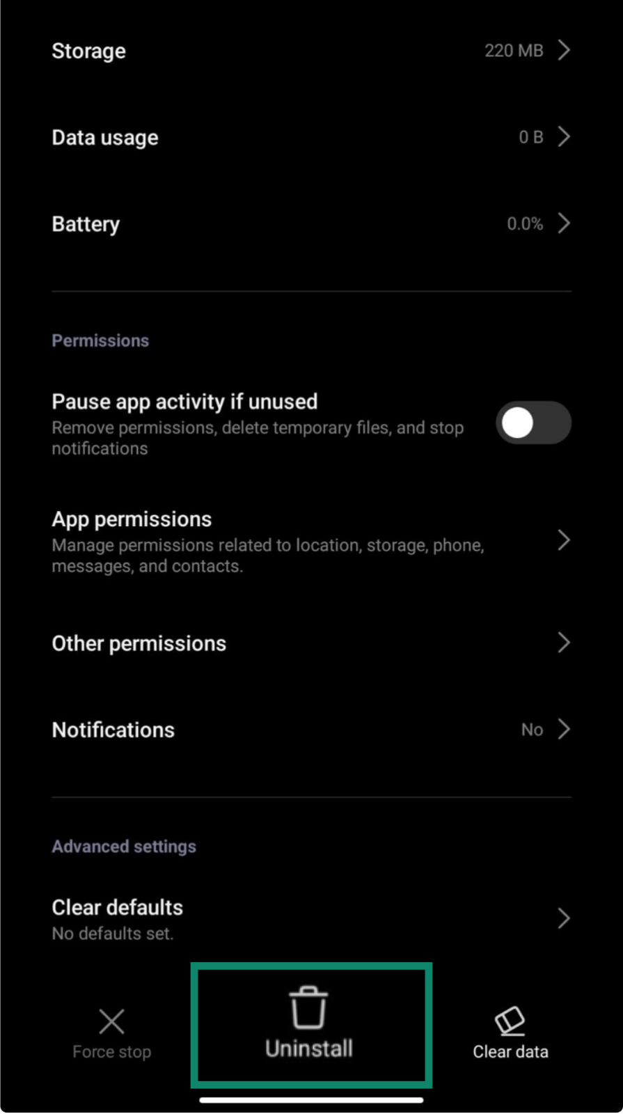 The Uninstall button on an Android phone.